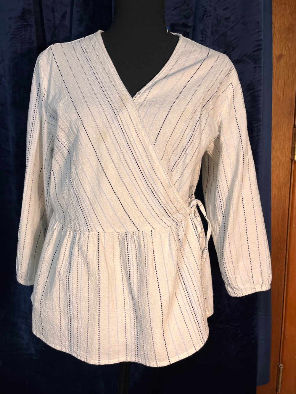 Time and Tru Cream Wrap Tunic with Navy Stripes